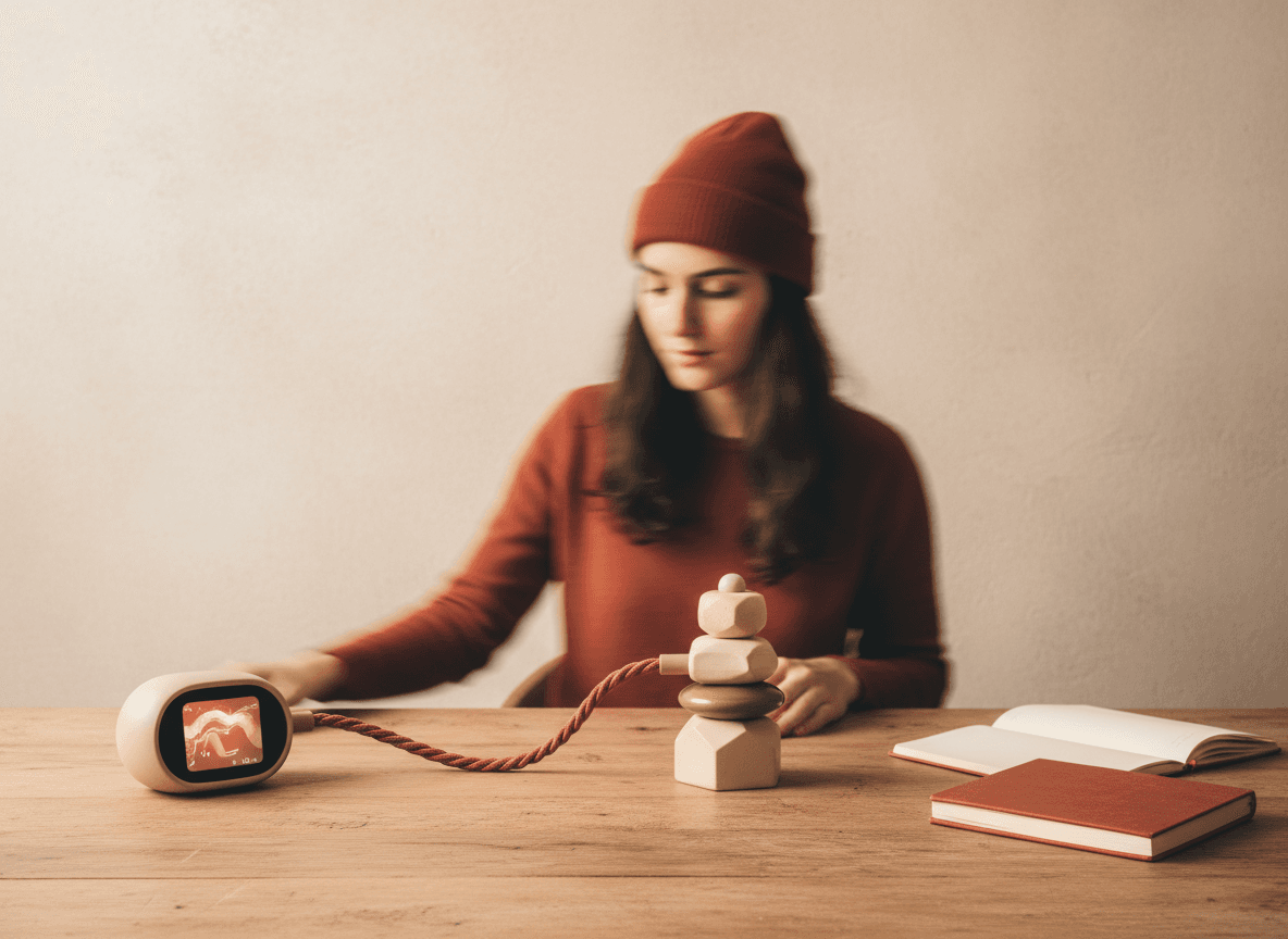 Developpeur au standing desk en mouvement, lumiere matinale chaude