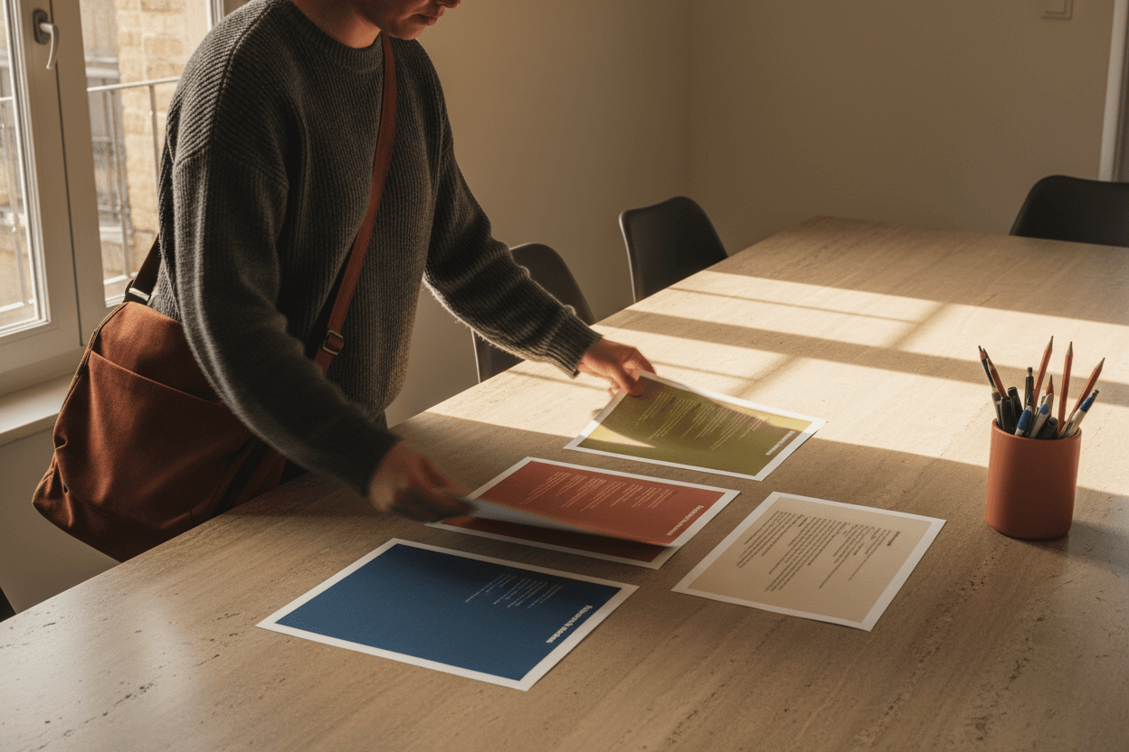 Consultant comparant des fiches outils sur une grande table en bois