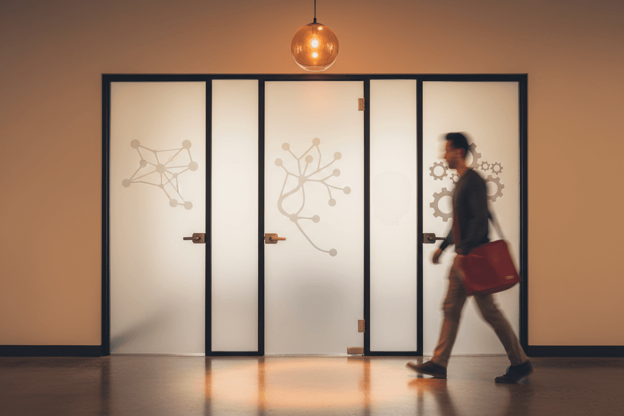 Solopreneur a la croisee des chemins dans un couloir, choisissant sa direction