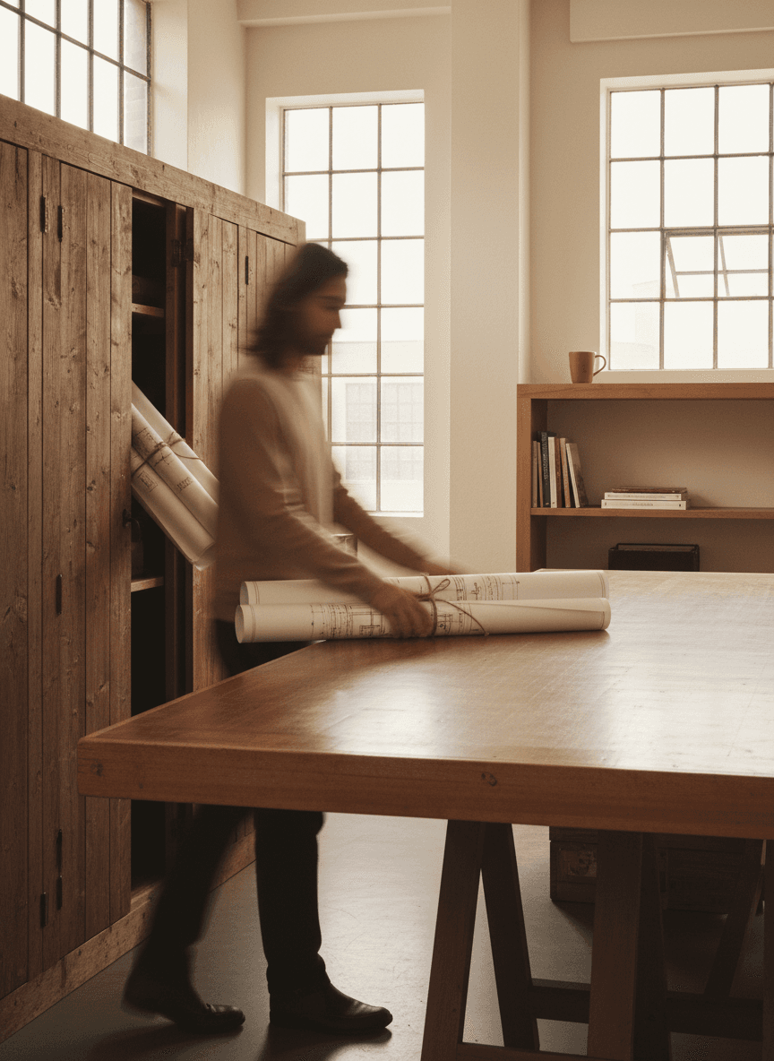 Architecte en mouvement sortant des plans d'une armoire, scene de controle et propriete des donnees