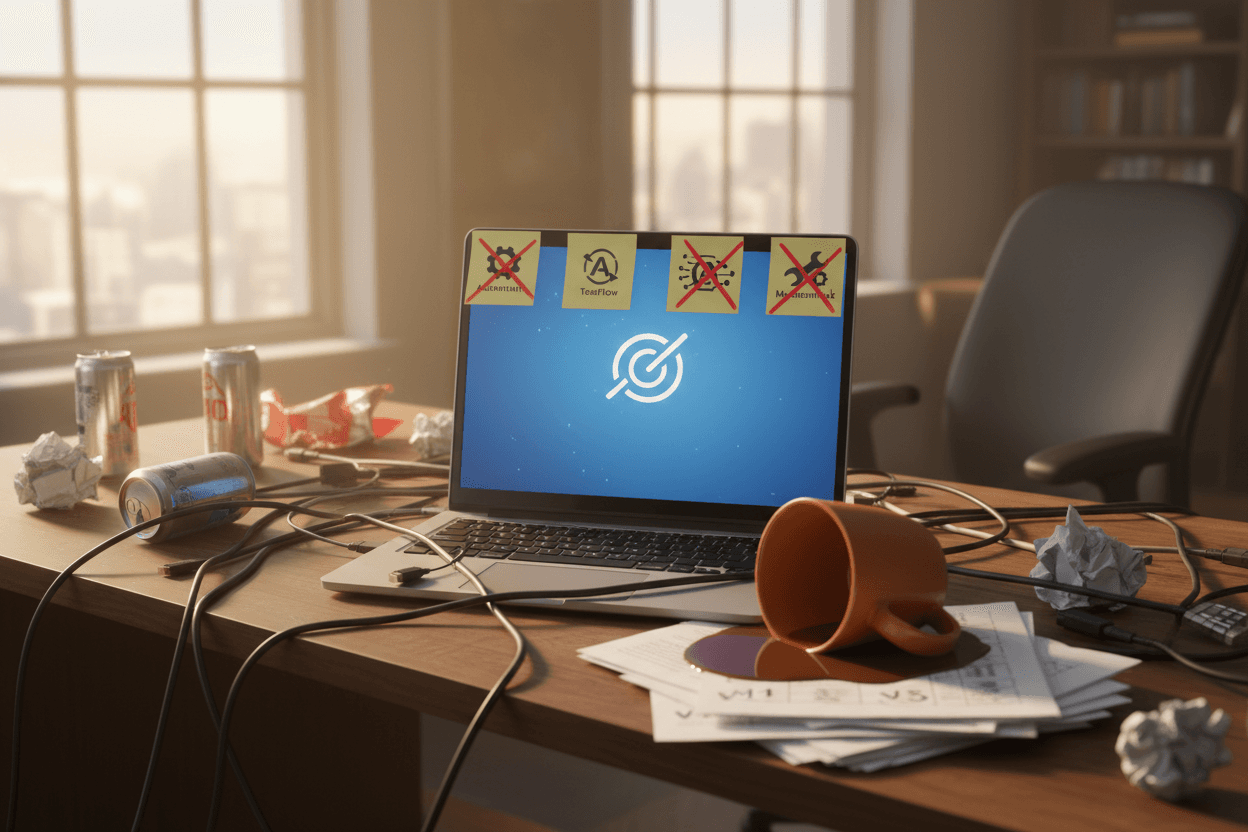 Bureau chaotique abandonne, cables emmeles, cafe renverse - pieges a eviter