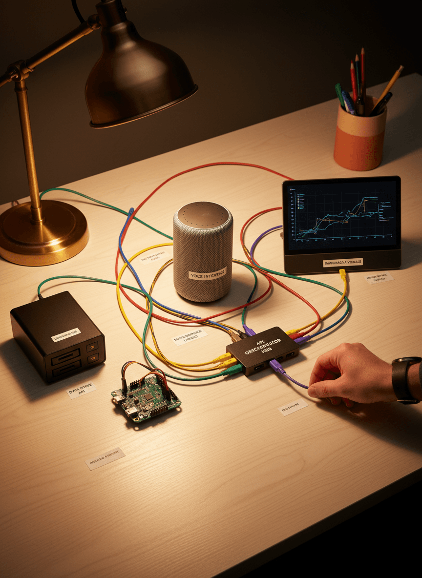 Vue aerienne de composants modulaires sur un bureau, main connectant deux pieces