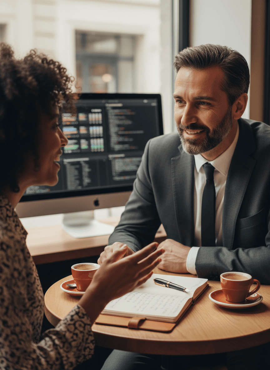 Personne en mouvement dans un bureau, portfolio terracotta, focus strategie