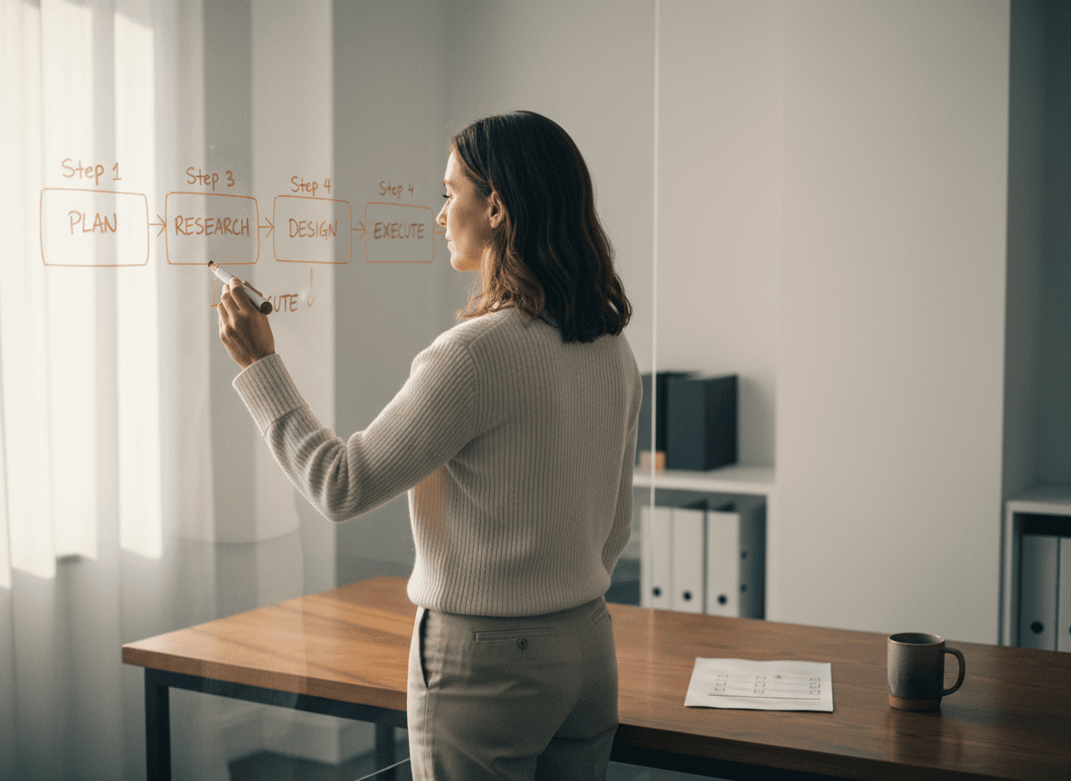 Professionnelle dessinant un workflow en 4 etapes sur un whiteboard