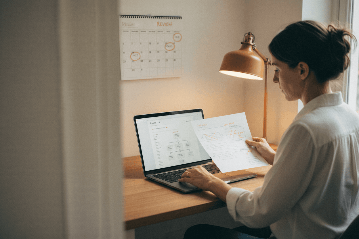 Personne comparant un processus annote avec sa version mise a jour