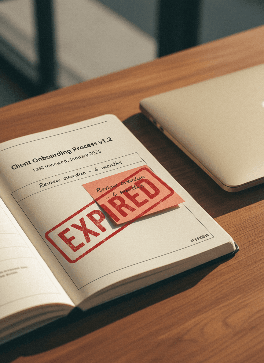 Document processus avec tampon EXPIRED et post-it review overdue