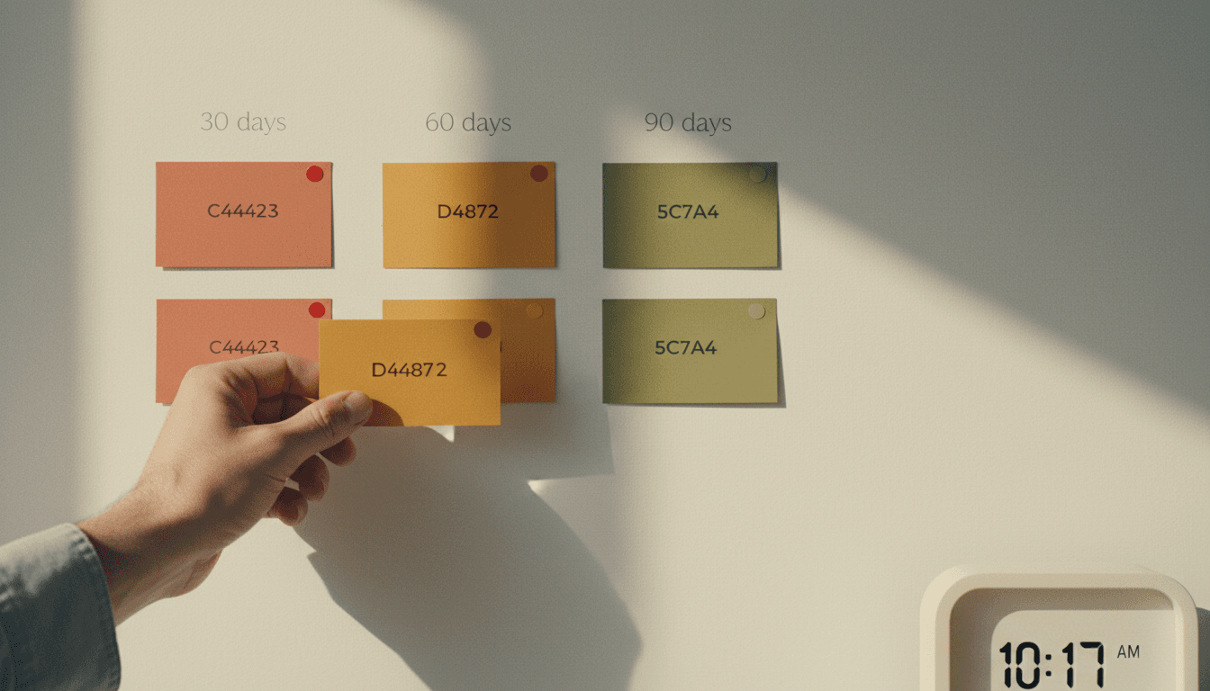 Board mural avec cartes de revue 30-60-90 jours color-codees