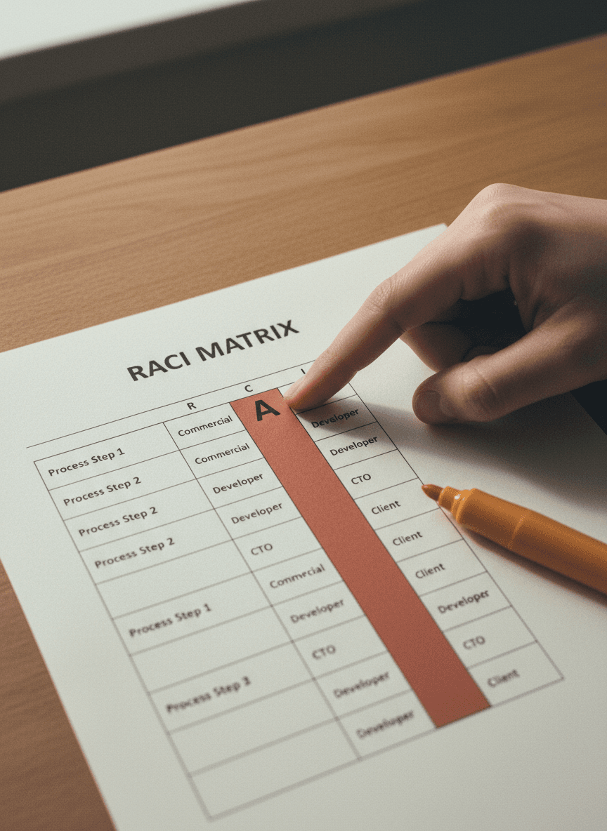 Matrice RACI imprimee avec doigt pointant la colonne Accountable